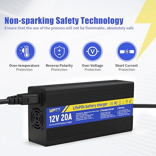 Image of WattCycle 14.6V 20A Intelligent Float Charger - Battery Charger for All Vehicle Types, Sparkless Technology, Lightweight - Protects Li-Ion Batteries with Efficient Charging