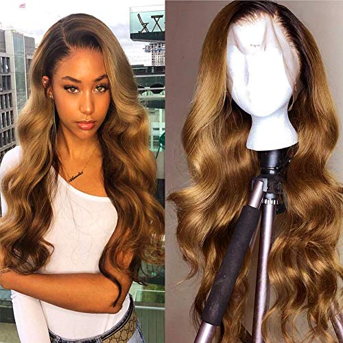 HELENE Brown Lace Front Wigs Dark Roots Ombre #27 Color Hair Natural Loose Wave Wig Glueless Long Wavy Synthetic Wig for Women Elastic Straps, Comfortable & Adjustable 2 Tone Heat Resistant 24 inches