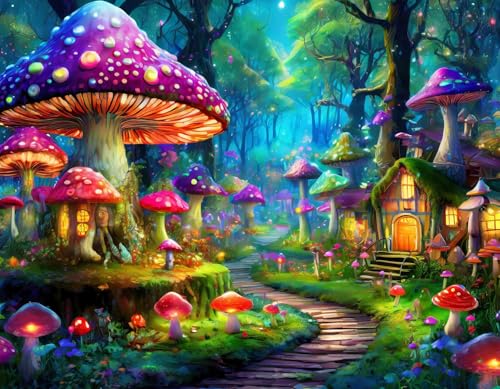 Rompecabezas Majestic Mushroom Path de 500 piezas para adultos | Rompecabezas de pueblo de setas fantástico con piezas de corte único, fabricado en EE.UU., materiales ecológicos para relajación imaginativa en adultos miniatura 1