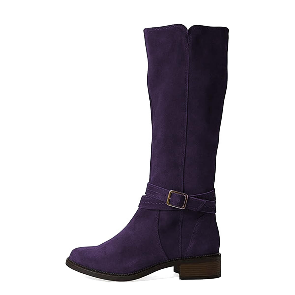 miss left Women Round Toe Buckled Knee High Boots Side Zipper Block Low Heel Riding Boots Fall Winter