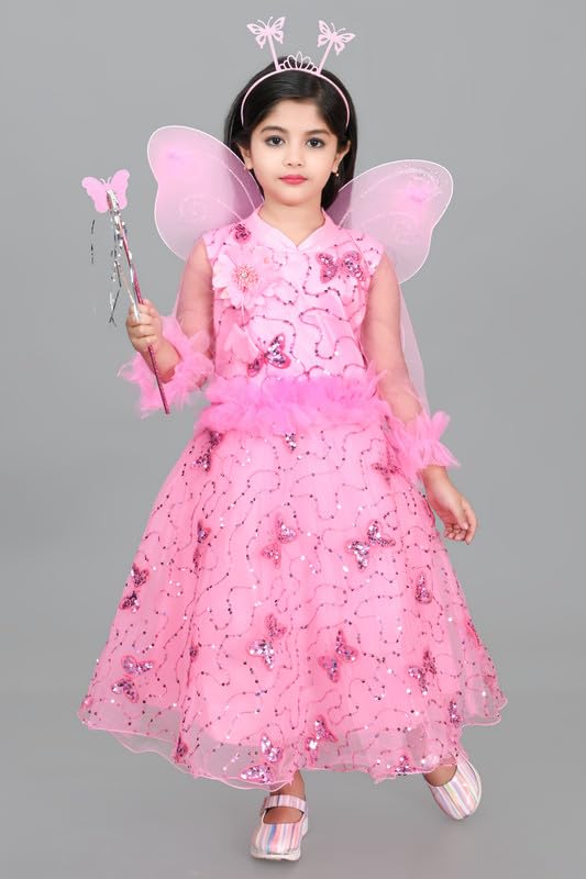 Image of Zenat Girls Kids Net Regular Fit Knee Length Sweet Angel Frock Dress (Pink 3-4 Years)