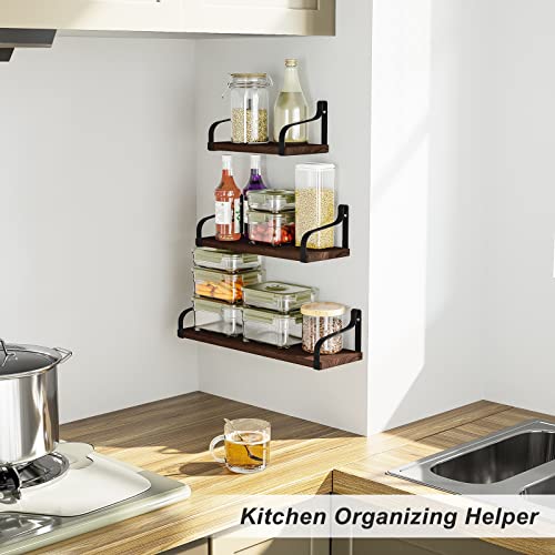 Love-KANKEI Floating Wall Storage Shelves Mounted Set of 3, Solid Wood for Study Room, Living Room, Bathroom, Kitchen, Office and More Dark Walnut