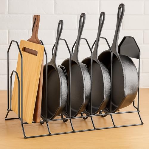 Image of 6 Tier Heavy Duty Pan And Pot Organizer /Tiered Shelf For Kitchen Cabinet|Countertop Holds Cast Iron Skillets,Griddles And Shallow Pots|- No Assembly Required