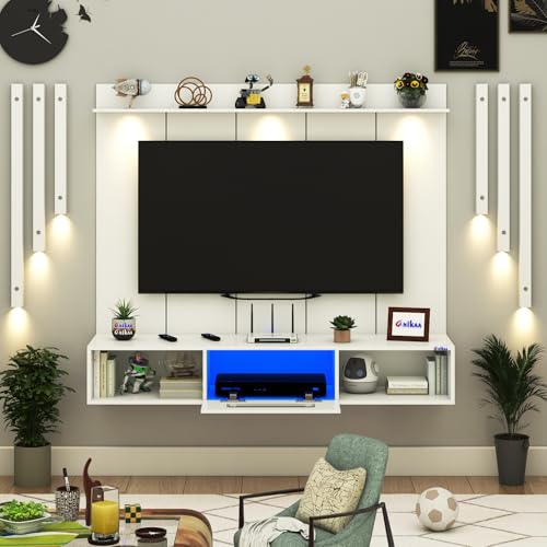 Image of Anikaa NovusPro Engineered Wood Wall Mount TV Unit with PVC Back Panel, Acrylic Blue LED Storage Box, Side Wooden Accent Spot Light Panels I Deal for Up to 50 Inch TV (White - DIY Installation)