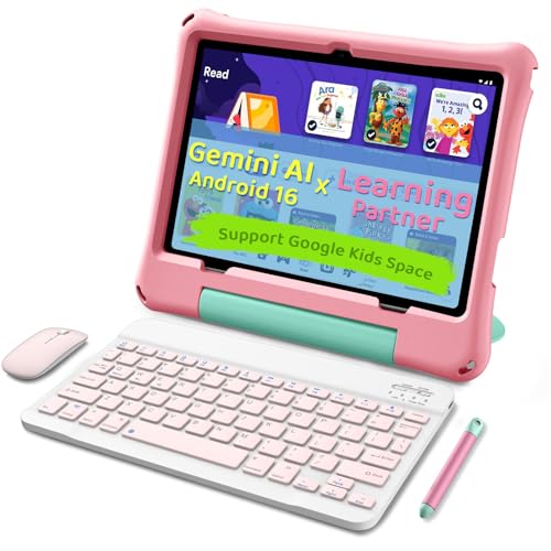 aiprotablet Kids Tablet Android 16 Tablet for Kids 10 inch Octa-Core 2.2GHz with Case 30GB RAM 64GB ROM 2TB Expand Parental Control Dual Camera BT WiFi with Keyboard Mouse Stylus Gift (Pink)