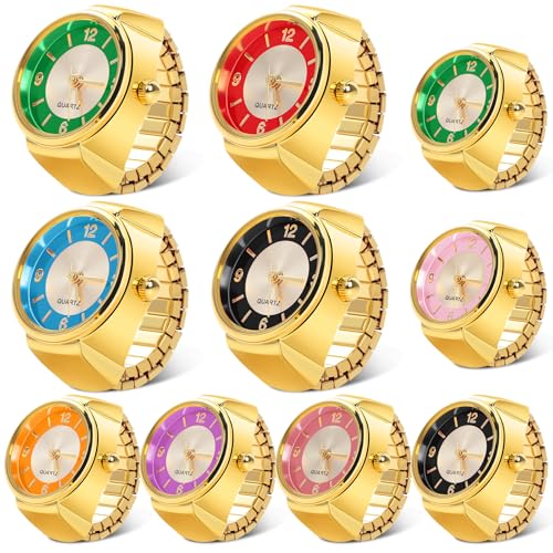 Landical 10 Pcs Finger Watches for Women Men Adjustable Clock Rings Bulk Creative Elastic Round Quartz Finger Watches(Gold Punk)