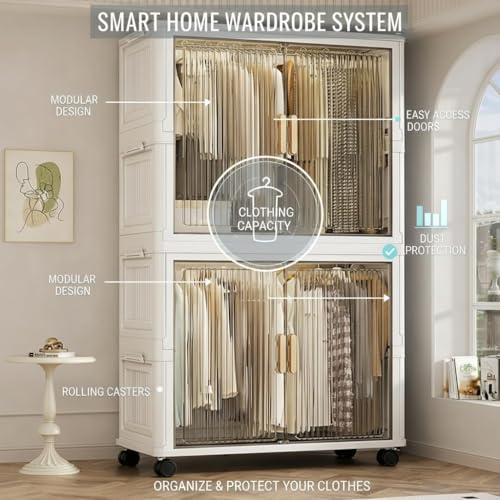 Image of Mevigo 2-Door Plastic Wardrobe for Kids| Almirah and Wardrobe for Baby Clothes| Modular Storage Cabinet with Wheel Organizer for Cupboard Rack for Clothes /Shoes /Books /Toy -White-Y720