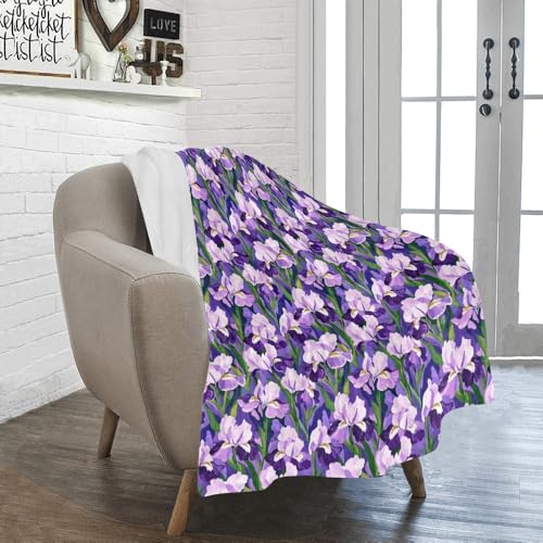 Jeté de canapé fleurs d'iris violet tissage doux de qualité