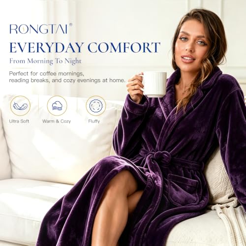 Image of RONGTAI Womens Bathrobe Ladies Fleece Plush Warm Long Robes Fleece Nightgown Sleepwear