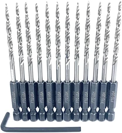 FTG USA Tapered Countersink Drill Bit Set 12 Pc (#6) 9/64" Countersink Bit Same Size Bit Replacement Only, Countersink Replacement Drill Bit with Improved Connection Drill-Hex Shank Without a Pin