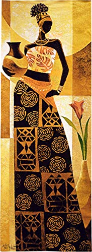 Naima by Keith Mallett | Woven Tapestry Wall Art Hanging | Woman Posing in Intricate Geometric Dress African Style | 100% Cotton USA Size 73x26