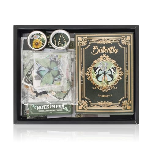 SAVOSWEET Scrapbook Zubehör Set, Schmetterlinge Scrapbooking Kit für Anfänger, DIY Scrapbook Set mit A6 Notizbuch, Washi Tape, Stickers, Dekoratives Papier, Notizblock, Karten, Accessories
