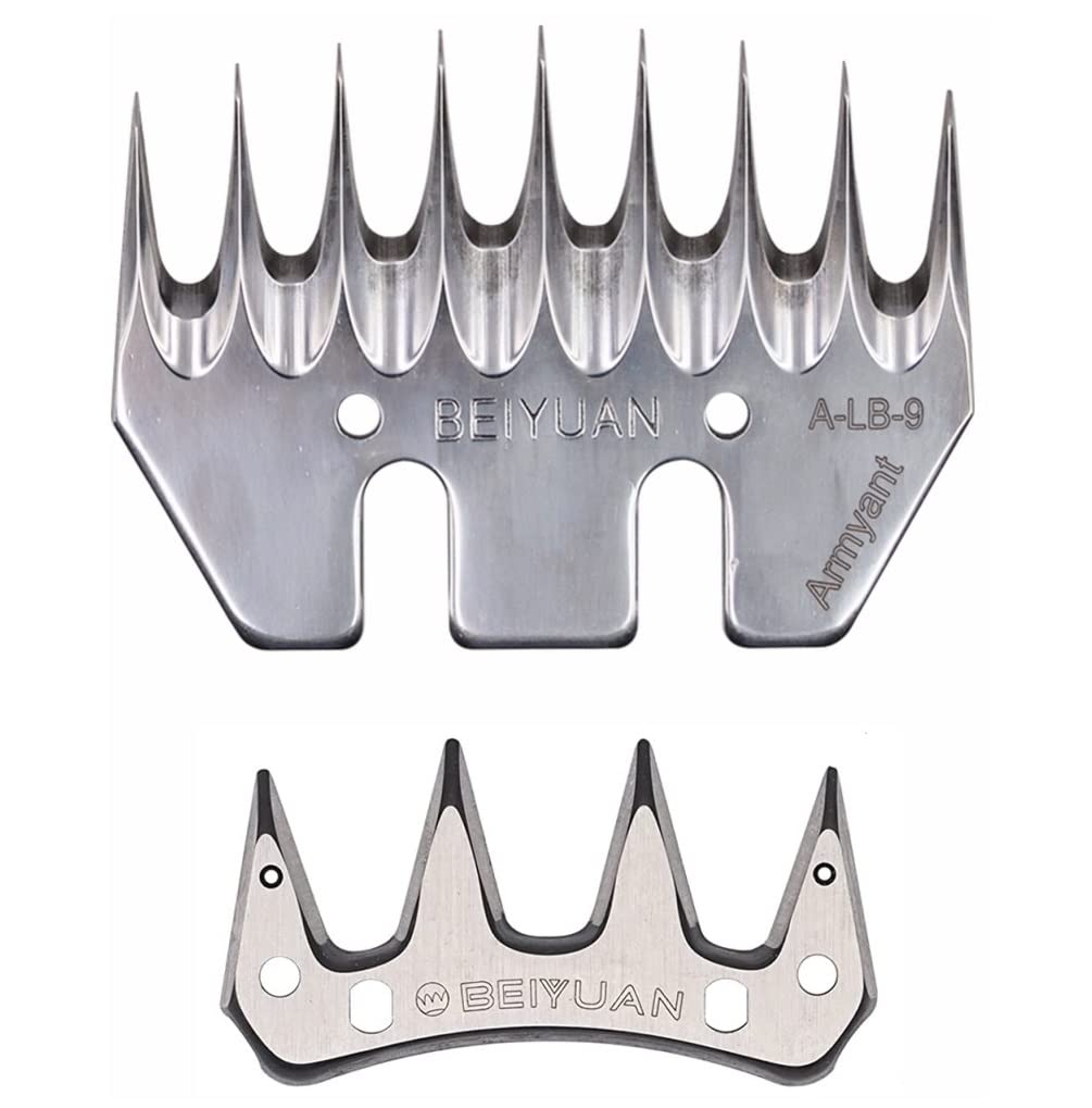 Set peine Beiyuan A-LB-9 Armyant recto convexo 9 dientes 5 mm bisel + cuchilla Beiyuan BB recta 4, ideal para lanas muy sucias y espesas, uso profesional (1)