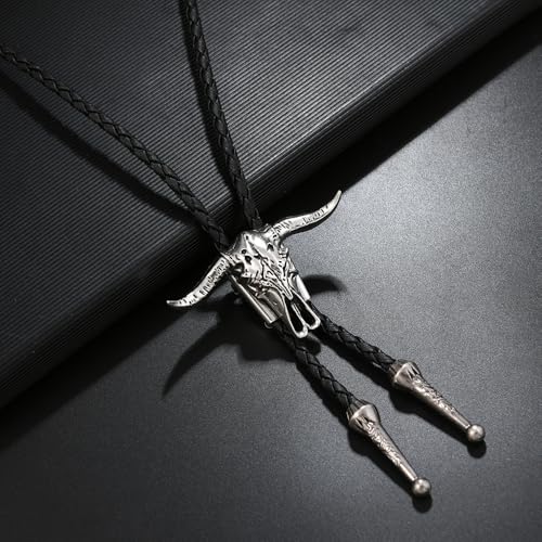 Image of Joxevyia Bolo Tie for Men Vintage Cow Skull Leather Rope Western Cowboy Necktie Vintage Bola Tie Gift for Him