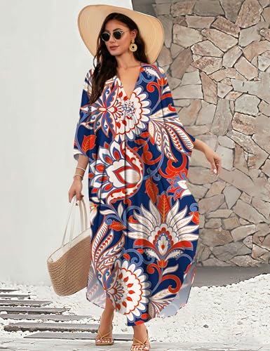 Image of MAKABO Kaftan Dresses for Women, V Neck Moo Moos Colorful Print Cover Ups Caftan Beach Dresses for Swimwear