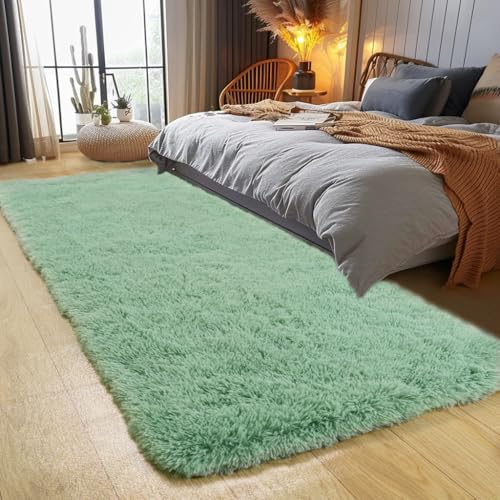 KING DARE Runner 2x6 Rugs for Bedroom, Fluffy Shaggy Sage Green Rug for Dorm, Fuzzy Shag Plush Non-Slip Washable Soft Carpet for Bedside Girls Boys Kids Room Decor