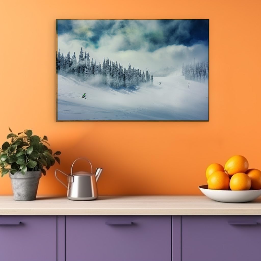 Canvas for Living room. Racing the Storm: A Skier's Dynamic Descent through a Winter Wonderland, 27 x 18 inch Canvas Wall Art - Modern Home Decor