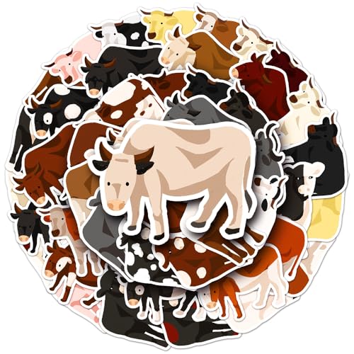 Cattle Stickers for Boys Girls Kids Teens, Lovely Cartoon Waterproof Vinyl Stickers for Phone Laptop Flasks Water Bottle Luggage Scrapbook Cup Bike Notebook, Cute Animals Decals Pack[Cattle -50Pcs]