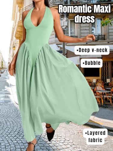 Image of ChiaoLezhee Deep V Neck Dress, Halter Maxi Dresses, Vacation Date Night, Sexy for Women Corset Flowy Wedding Guest Drop Waist