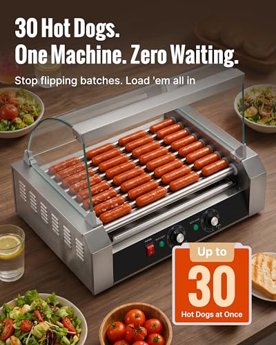 Image of SYBO Commercial Hot Dog Roller - 30 Hot Dogs, 11 Non-Stick Rollers, 1430W, Stainless Steel, Removable Drip Tray & Glass Cover - Dual Temp Control, 360 Rotation for Party & Snack Bar, ETL Certified