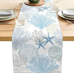 Linen Coastal Table Runner 13×71 Inch Blue Teal Summer Beach Nautical Table Runners Modern Kitchen Dining Table Decorations Rustic Coffee Table Dresser for Home Holiday Party Decor (Blue71)