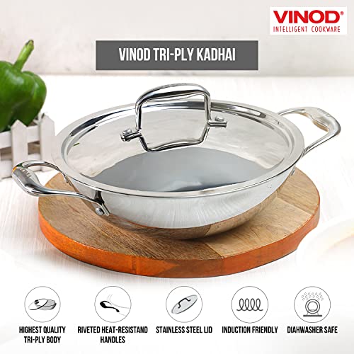 Vinod Platinum Triply Stainless Steel Kadai with Lid – 2.5L, 24 cm | 3 Layer SS Cookware Wok | Deep Cooking Pot for Sauteing & Curries | Gas & Induction Friendly | Heavy Bottom | Sturdy Handles - Image 3