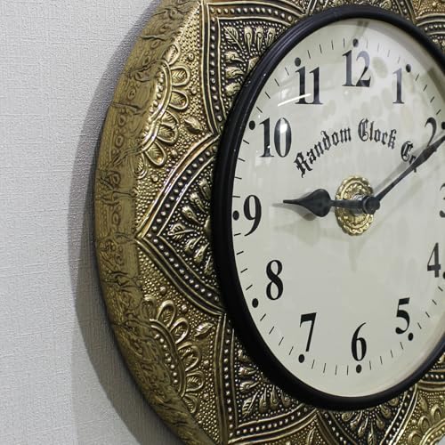 Image of RANDOM Brass Decorative Sweep Silent Wall Clock, Antique Gold, Embossed Mandala Frame, Round, Vintage Style 30 cm for Home Office