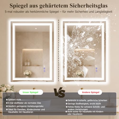 XRAMFY Badspiegel mit Beleuchtung LED 80×50CM, 3 Farbtemperaturen & stufenloses Dimmen, Anti-Beschlag, Spiegel mit Beleuchtung… – Ansicht 5