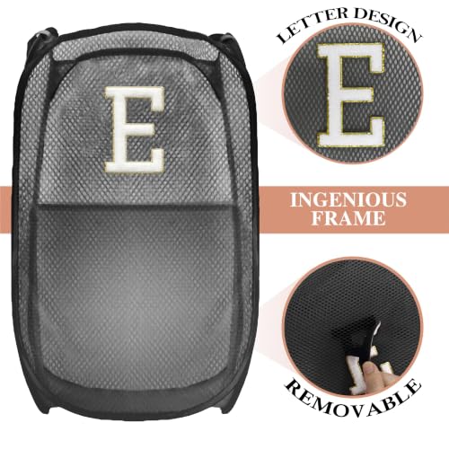 Image of Collapsible Pop Up Laundry Hamper, Extra Large with Removable Initial Letter E, Mesh Foldable Laundry Basket, 28 inch x 16 inch x 16 inch (Black)