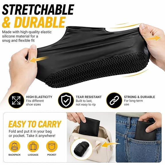 Image of Silicone Waterproof Rain Shoe Cover | Shoe Care & Accessories, Reusable, Non Slip Shoe Covers for Men Women Kids, Durable Overshoes for Rain, Snow, Biking, Trekking & Outdoor Use (Black, Medium US 4-6.5)