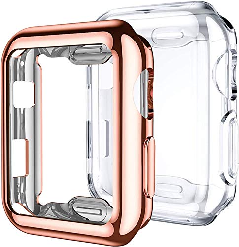MXVOLT Compatible with Apple Watch 38MM Soft Flexible TPU Anti-Scratch Lightweight Full Cover Soft TPU Protective Iwatchr Case for iWatch Series 3 2 38mm Pack of 2 Rose Gold and Clear