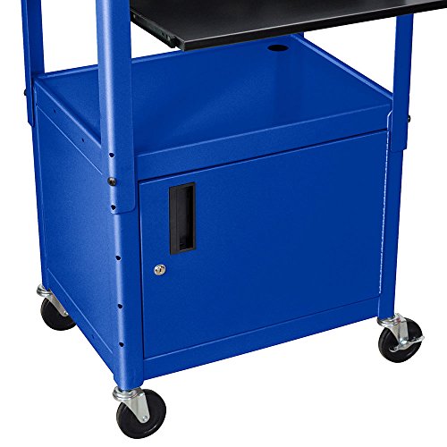 LUXOR AVJ42KBCDL-RB Steel AV Cart with Adjustable-Height, Pullout Keyboard Tray, Storage Cabinet, and Drop Leaf Shelves, 24" to 42" Height, 3 Outlet Electrical Assembly, Blue