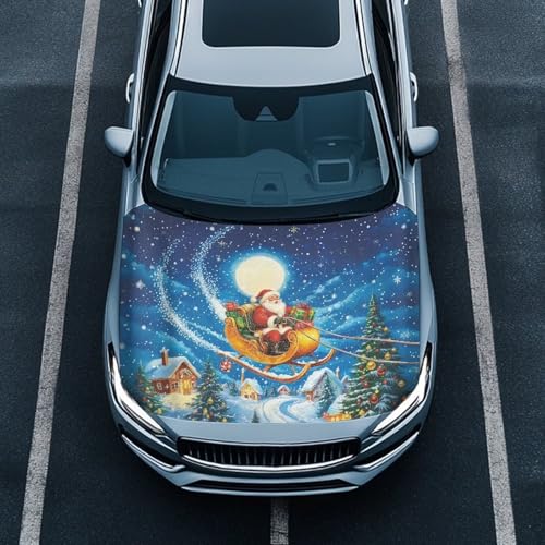 Image of Christmas Sleigh Car Hood Cover Car Hood Wrap Blankets Waterproof Stretchable Auto Exterior Accessories for Compact Sedans SUV Trucks Van (59x39 Inch)