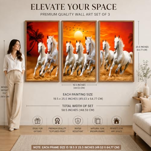 Image of Livin'luxe Set of 3 White Running Horse Sunset Wall Paintings for Living Room Bedroom Home Decor with Premium Wooden Color Synthetic Frame (25.5 x 19.5 Inch) NM03-95
