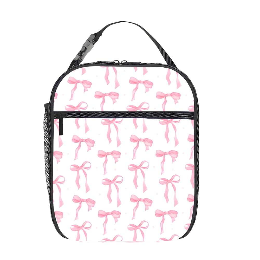 JOAASU Insulated Pink Bow Lunch Bag for Women & Girls, Reusable Thermal Cooler Lunch Box with Side Pocket, Leakproof Portable Lunchbag with Handle for Work, School, Picnic, Travel & Beach
