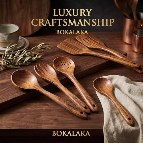 Image of 10 Pcs Natural Teak Wooden Cooking Utensils Set - Kitchen Spatulas and Spoons for Cooking
