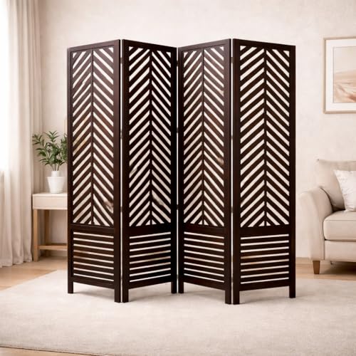 Image of Wooden Room Divider 6 Feet, 4-Panel Folding Wooden Partition for Living Room, Office, Pooja Room, Restaurant, Kitchen & Balcony (2W x 1.82H Meters). (Brown-Lattice Pattern).