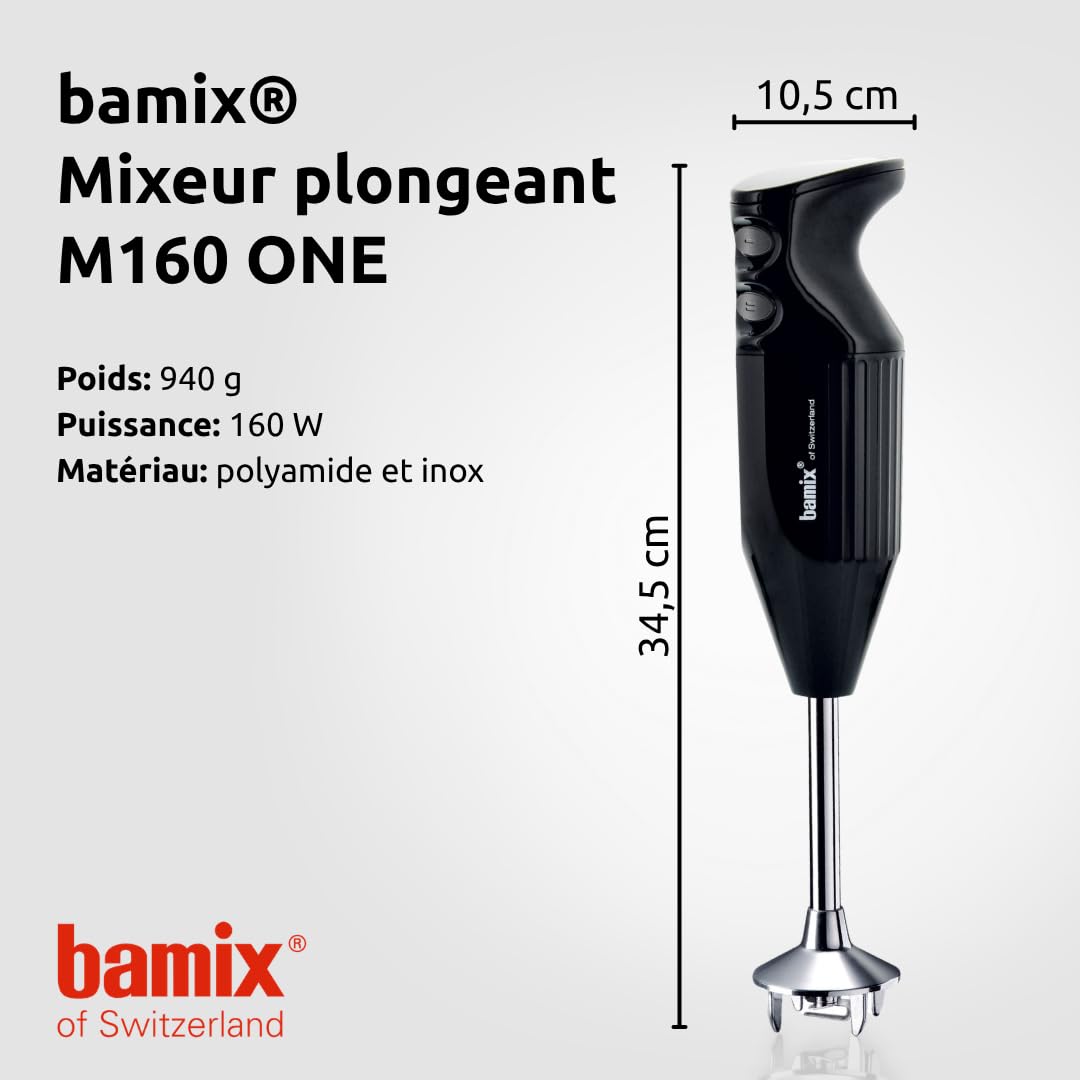 bamix Set avec mixeur plongeant M160 ONE avec couteau étoile en inox, 160 W, 2 vitesses, Fabriqué en Suisse, Noir