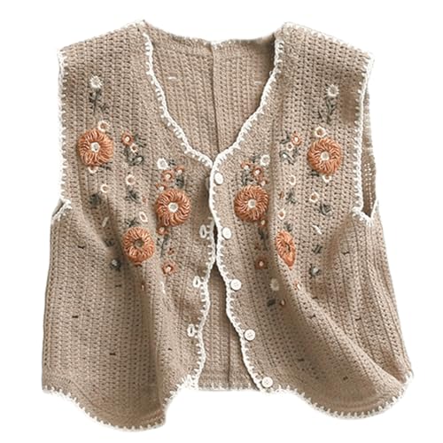 Image of Womens Floral Print Sweater Vest Sleeveless V Neck Vintage Button Front Cardigan Crochet Crop Knit Vest Top Coffee Small