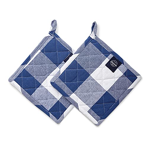 Image of Encasa XO Oven Microwave Pot Holders Trivets 21 cm (2 pc) for Kitchen Cooking & Baking - Heat Resistant, Thick & Safe, Protection of Hands from Hot Utensils, Grill, BBQ - Buffalo Blue Checks