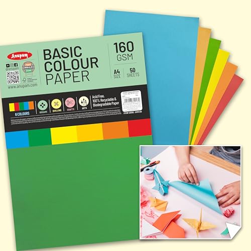 Image of Anupam A4 Basic Colour Loose Paper 160gsm 5 Colors Paper for Arts, Crafts, Quilling, Origami (50 Sheet)