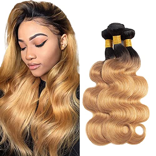 ZhengPu Honey Blonde Bundles 1b/27 Human Hair Body Wave 2 Tone Black and Blonde Human Hair Bundles 10 12 14 Inch Honey Blonde Body Wave Bundles Brazilian Hair Weave Human Hair Extensions