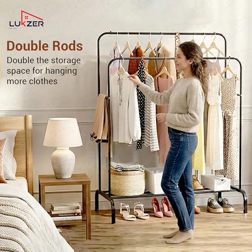 Image of Lukzer 1PC Metal Cloth Stand: Multipurpose Garment Rack with Bottom Shelf - Ideal Coat and Jacket Organizer for Home and Bedroom Display (Black, 148 x 110 x 55 cm, MGS-002)