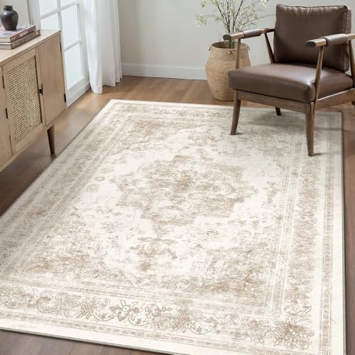 Area Rug 4x6 Cream Washable Office Entryway Vintage Medallion Beige Carpet Non Slip Retro Indoor Mat Low Pile Soft Distressed Small Rug for Bedroom Kitchen Laundry Dining Room
