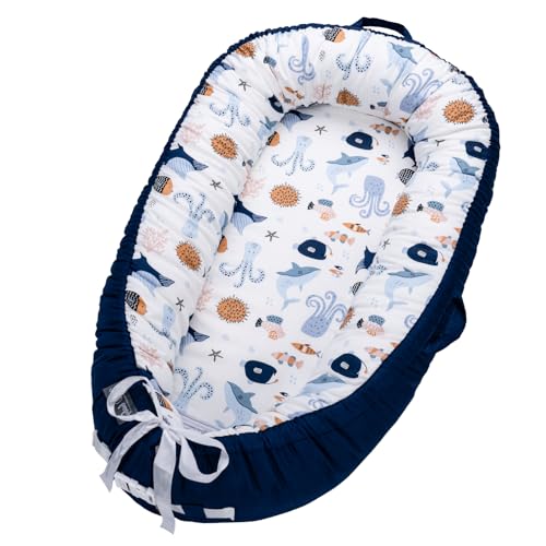 Infant Support Cushions | Baby Lounger | Organic Cotton Infant Lounger | Reversible, Adjustable &amp; Portable Floor Lounger | Supervised Use | Soft, Breathable, Washable Cover (sea)