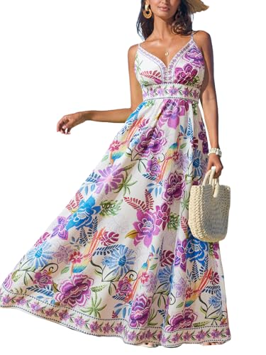 Image of CUPSHE Women's Summer Dresses Casual Spring V Neck Sleeveless Floral Beach Vacation Long Spaghetti Strap Flowy Maxi Dress