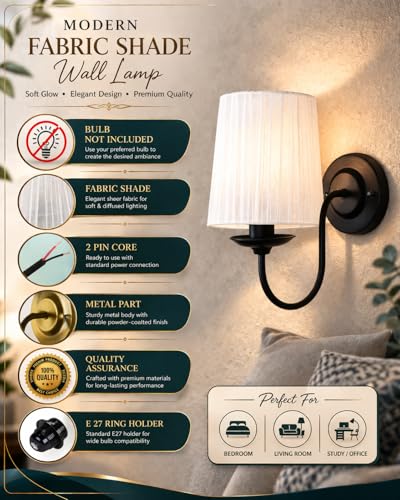 Image of Homesake Antique Brass Wall Sconces Lighting Fixture, E27 Industrial Vintage Gold Wall Light Lamp Bathroom Decor for Bedroom Living Room, Sheen Fabric Shade, Brass (Black, Set of 1)