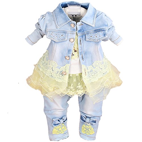 Image of Yao Baby Girls Denim Clothing Sets 3 Pieces Sets T Shirt Denim Jacket and Jeans