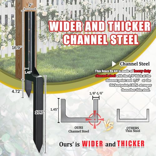 Fence Post Repair Steel Stakes: Anchor Ground Spike Support Bracket for Wood Fence Mender Kit (4)