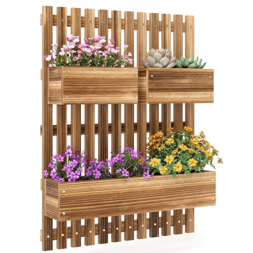 Image of Outsunny Wall-mounted Wooden Garden Planters with Trellis, Carbonised